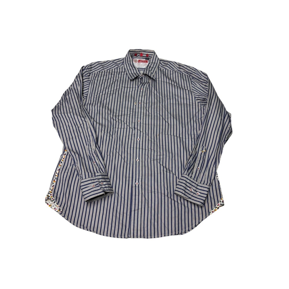 Robert Graham Mens Large Striped Button Down Shirt Long Sleeve Blue Brown Multi